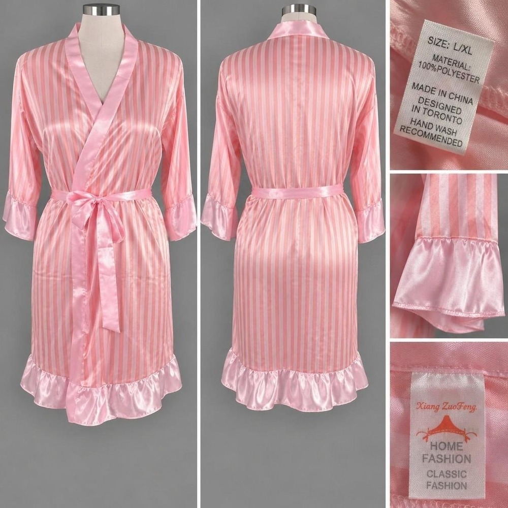 Pink Striped Satin Robe Women's L/XL Ruffle Trim Belted Kimono Sleepwear